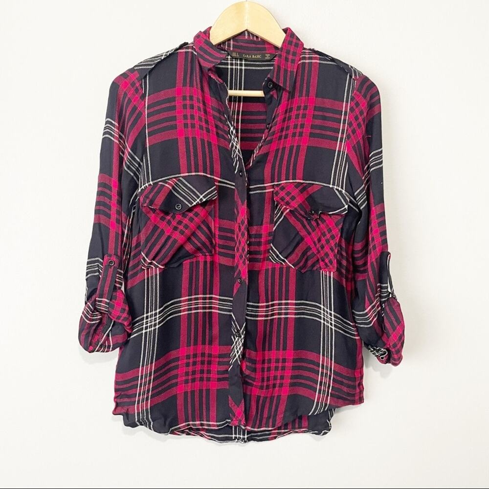 Zara black red plaid button down top size small flannel grunge - Picture 9 of 9